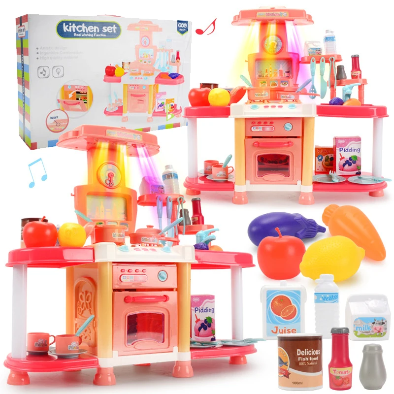 

New 29Pcs Kids Pretend Play Simulation Kitchen Set Chef Cooking Game Miniature Food Mini Cookware Light Music Toy Children Gift