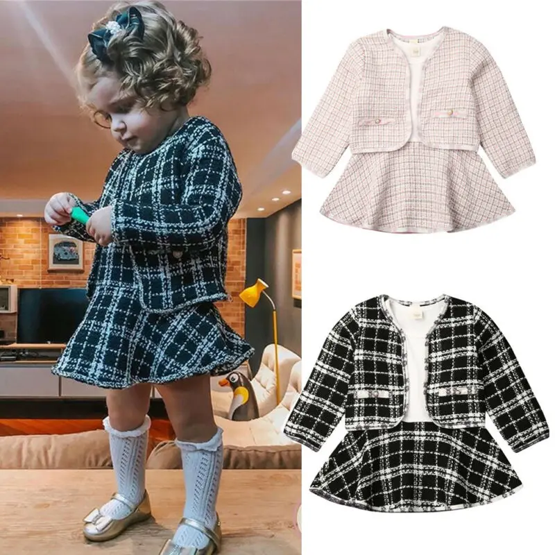 Pudcoco US Stock 6M-5T 2PCS Baby Spring Autumn Clothing Baby Girl Pageant Plaid Coat & Tutu Dress Party Outfits Fashion Clothes