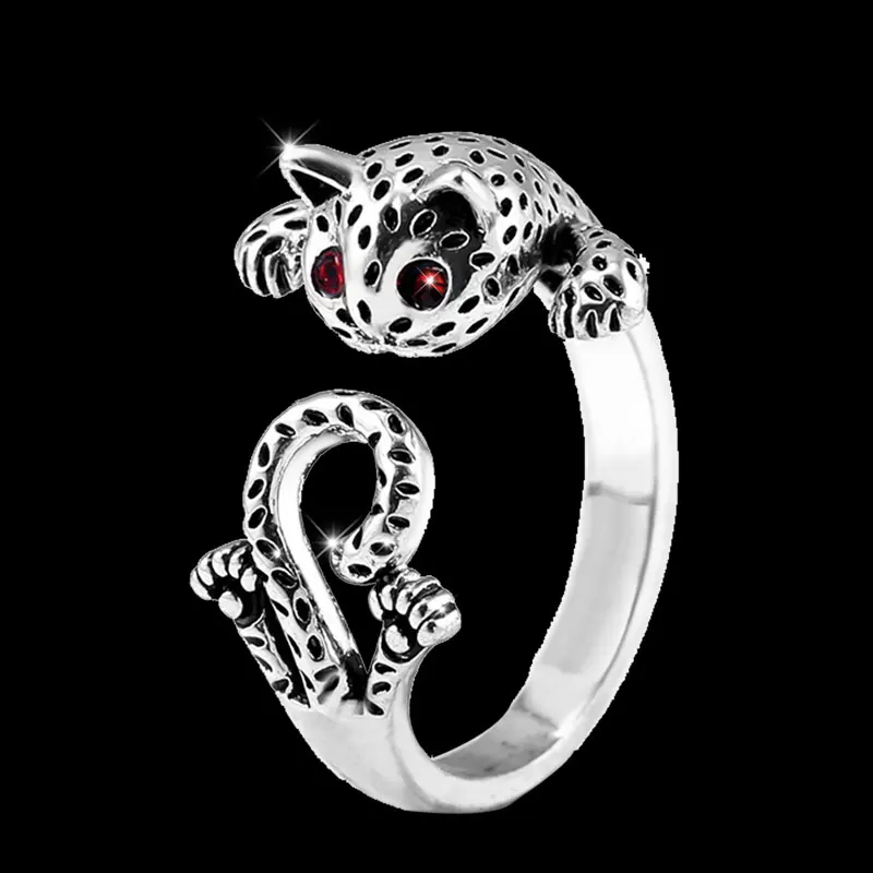 HUAMI Adjustable Animal Red Eyes Cat Rings for Women Open Ring Para Mujer Ancient Silver Color Accessories Jewelry Elegant Gift