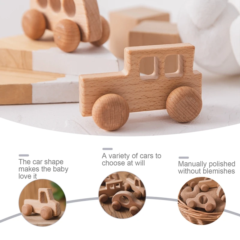 4pc Wooden Baby Car Toys Beech Wooden Blocks Animal Dogs Cartoon Educational Montessori Toys For Children Teething Baby Teether