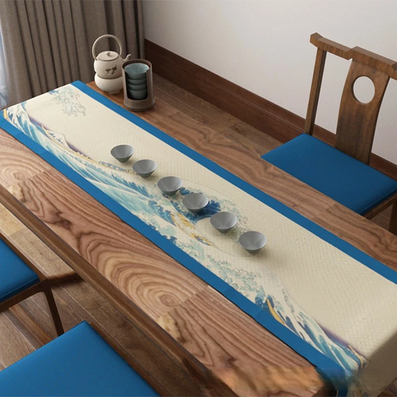 Japanese Ukiyo-e Wave Table Runner Dining Table Coffee Table Table Cloth Chinese Zen Tea Mat Tea Ceremony Accessories