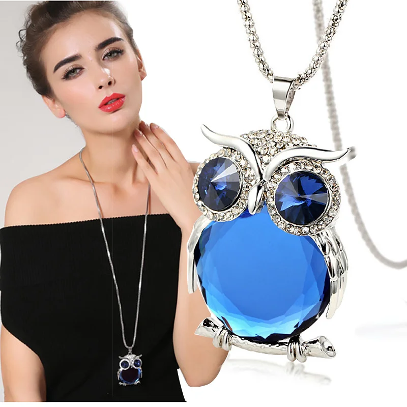 Women Romantic Crystal Owl Pendant Long Sweater Long Chain Bling Stone Necklace