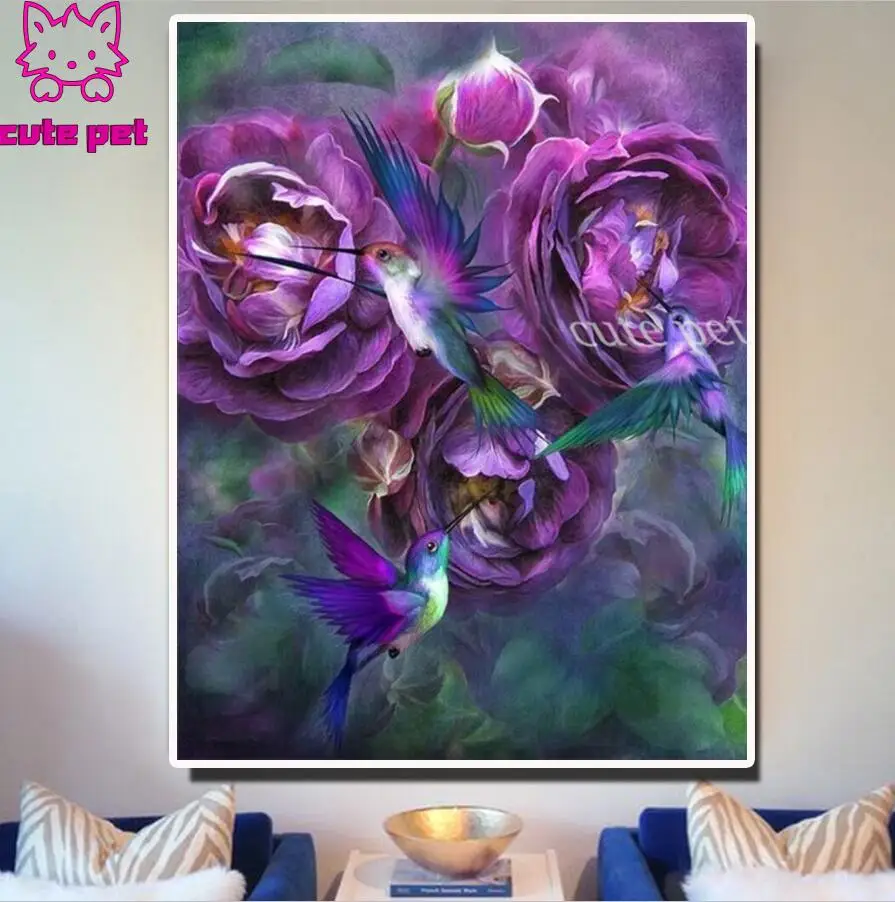 Hot Sale!5D Full Square Diamond Painting purple peony flower Mosaic Hummingbird picture of rhinestone round Diamond Embroidery