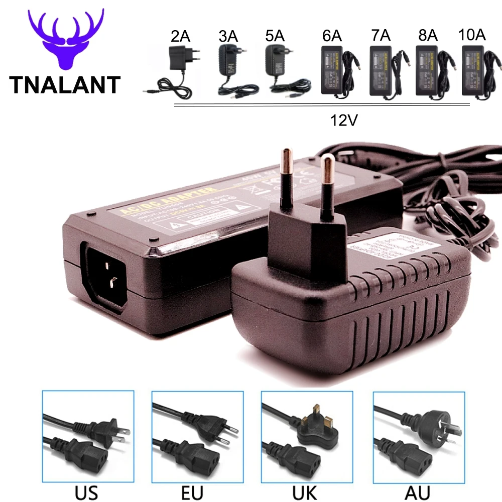 Ledストリップ電源トランス,ac220vからdc12v,1a 2a 3a 5a 6a 7a 8a 10a,eu/us/uk/auプラグ付き