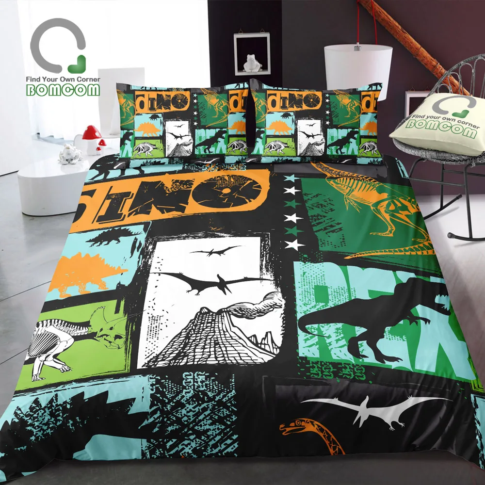 BOMCOM Digital Printing Bedding Set Dinosaur Dino Graffiti Freehand Sketching Drawing Duvet Cover 100% Microfiber