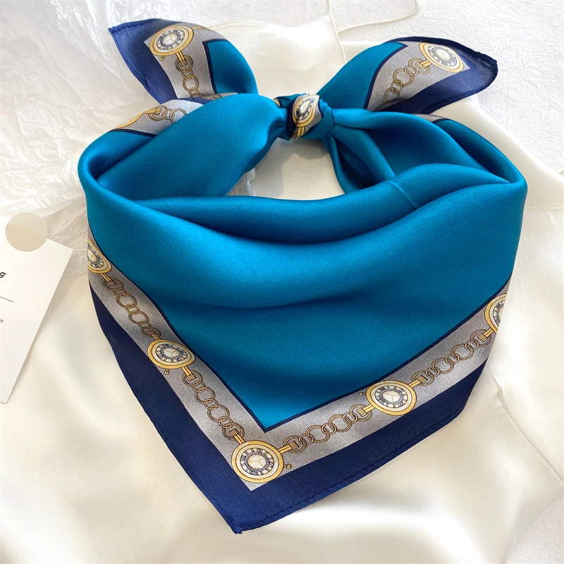 Luna&Dolphin Spring Small Square Scarf 53x53CM 100% Nature Silk White Blue Soft Bandanas Headbands Bag Ribbon Lady Kerchief