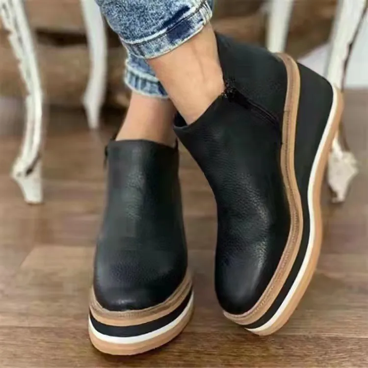 

Lady Platform wedge heel solid color low boots PU Leather Round Toe Thick Heel Knight Boots Black Shoes Ankle Boots Women Large