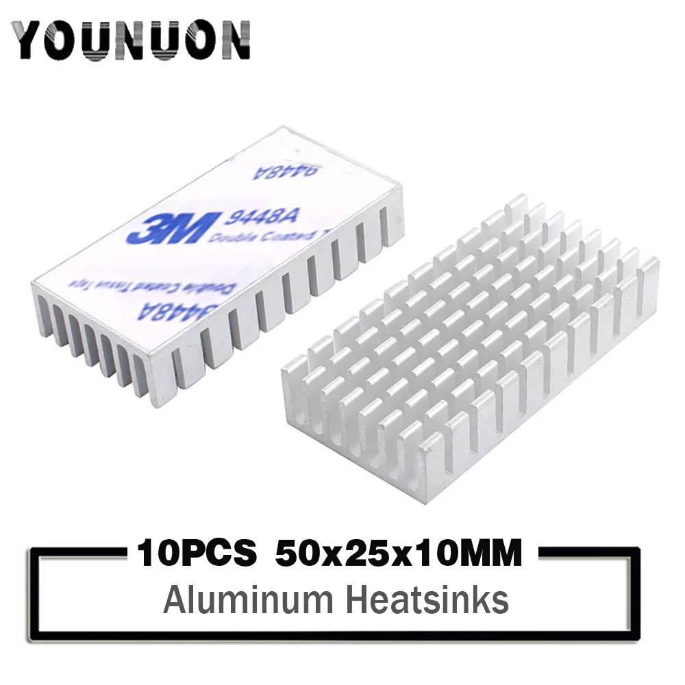 10Pcs YOUNUON  50*25*10mm Aluminum Heat sinks  Heatsink 50x25x10mm Heat Sink for PCB Device LM2596 2577 2587 comes with 3M Tape