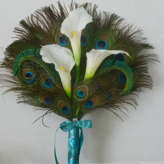 Green Peacock Feather Fan for Bride White Calla Lily Women's Masquerade Party Wedding Feather Fan Great Gasby Style 1920's