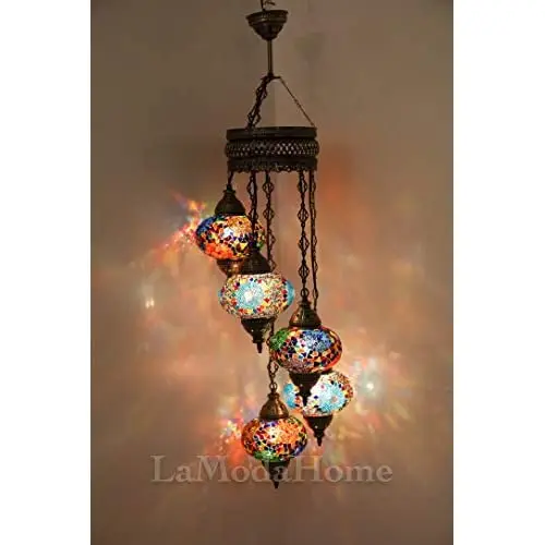 LaModaHome 40 + Unique Colors, 2020 Customizable Chandelier 5 Globes + Free 5 Bulbs, stunning Mosaic Turkish Lamp Moroccan Light