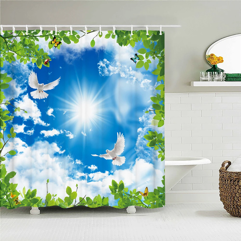 Waterproof Shower Curtain For Bathroom Sunny landscape Print Bathtub Curtains Blue Sky Spring Flowers Polyester Shower Curtain