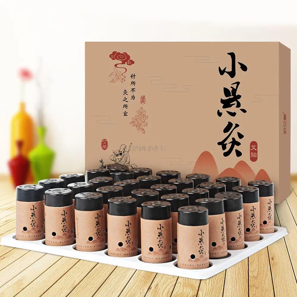 30pcs/Set Self-stick Mini Moxa Tube Acupuncture Massage Stick-on Moxibustion Roll Sticks Mugwort Artemisia Burner Box Device