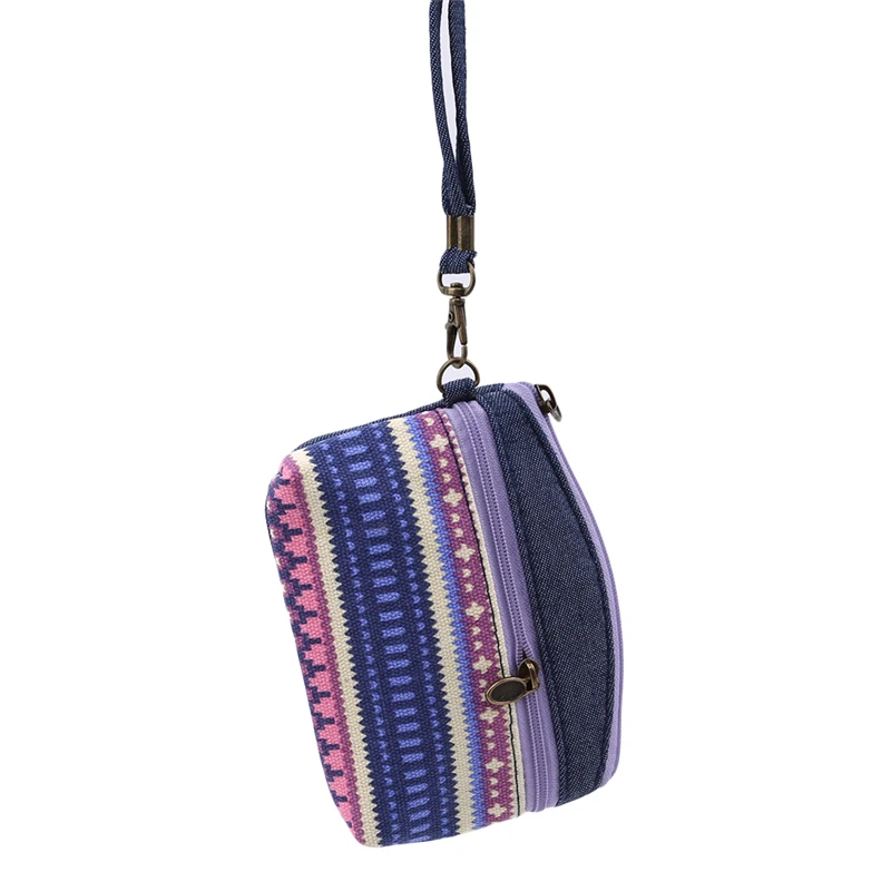 Bolsa de moedas de algodão étnico para mulheres, Double Zipper Clutch, Carteira de cartão chave para crianças, Crianças, Meninas