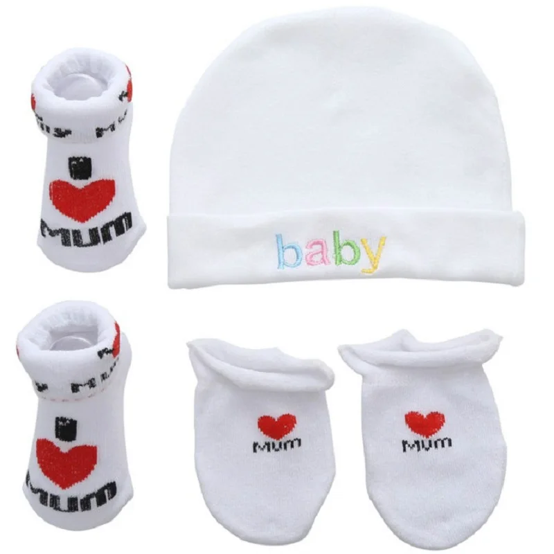 Cotton Newborn Hat Letters Striped Socks Hat And Mitten Set Baby Hats