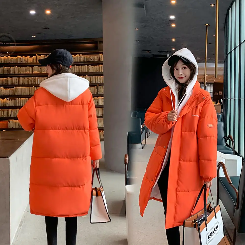 PinkyIsBlack 2021 Snow Wear Long Winter Coat Women Spliced Hooded Warm Parkas Female Hooded Padded Winter Jackets Women Clothing