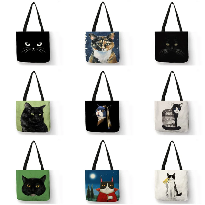 Women Shoulder Bag Black Cat Print Tote Handbags Animal Art Painting Graphic Shopping Bag for Boutique Supermarket Beach Totes