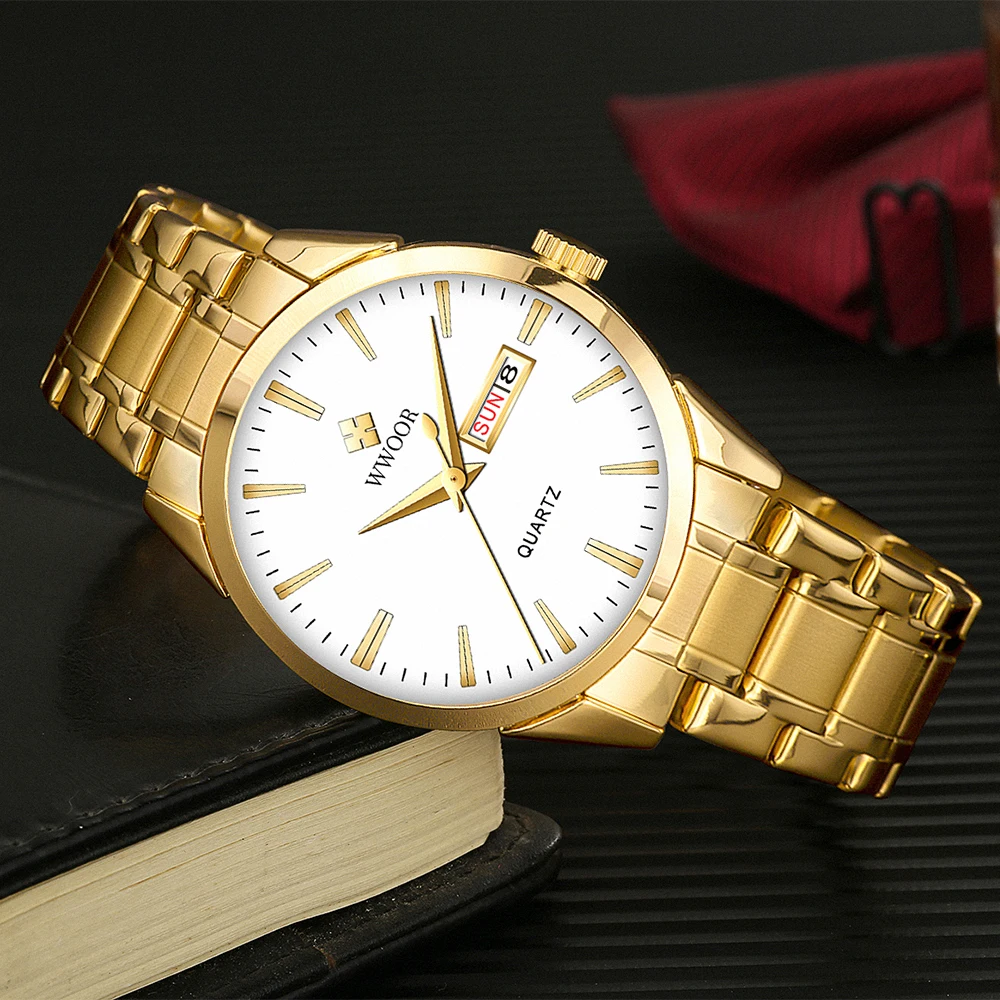 WWOOR Top Brand Luxury Man Wristwatch Waterproof Date Week Men Watches Stainless Steel Fashion Quartz Men's Watch Male reloj