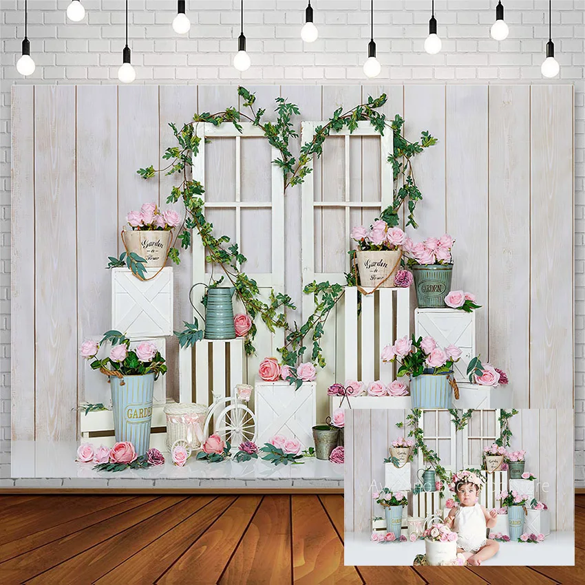 

Avezano Cake Smash Backdrop Birthday Pink Flowers Girl Photography Background Studio Green Leaf White Plank Photozone Photophone