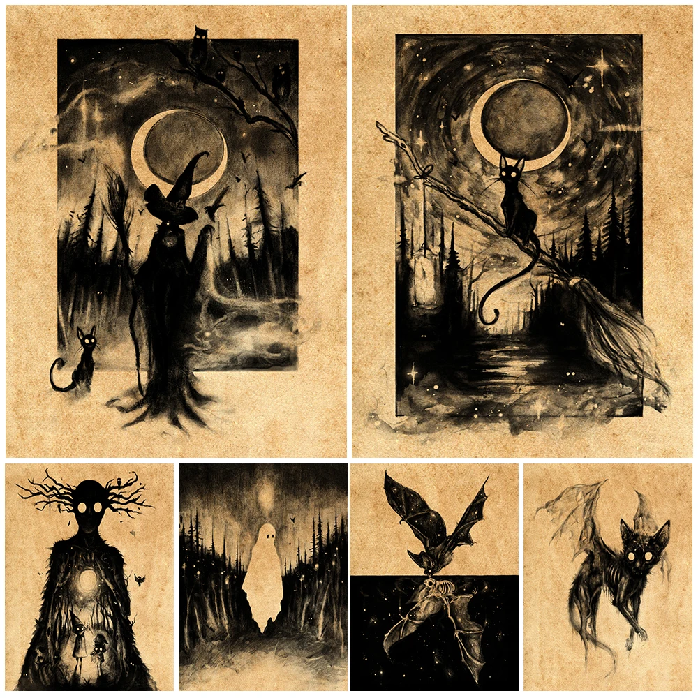 Black Cats Bats And Wandering Ghosts Wall Art Canvas Painting Night Witches And Cats Flying On Broomsticks Art Print Decoration