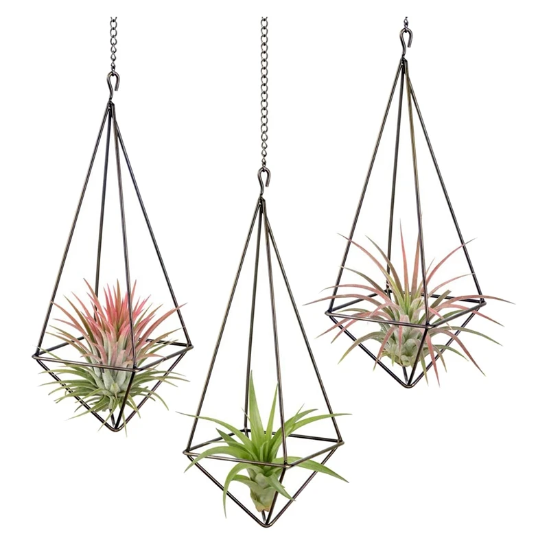 3 Pack Hanging Air Plant Holder Geometric Planter Air Plant Rack Tillandsia Hanger with Chain for Home Decor