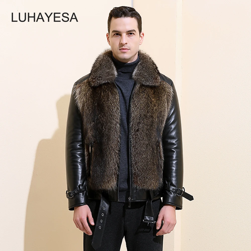 2024 Super Luxury Racoon Dog Fur Jacket Hoodies Men Winter Fluffy Fur Coat Brown Natural Raccoon Dog Fur Clothes