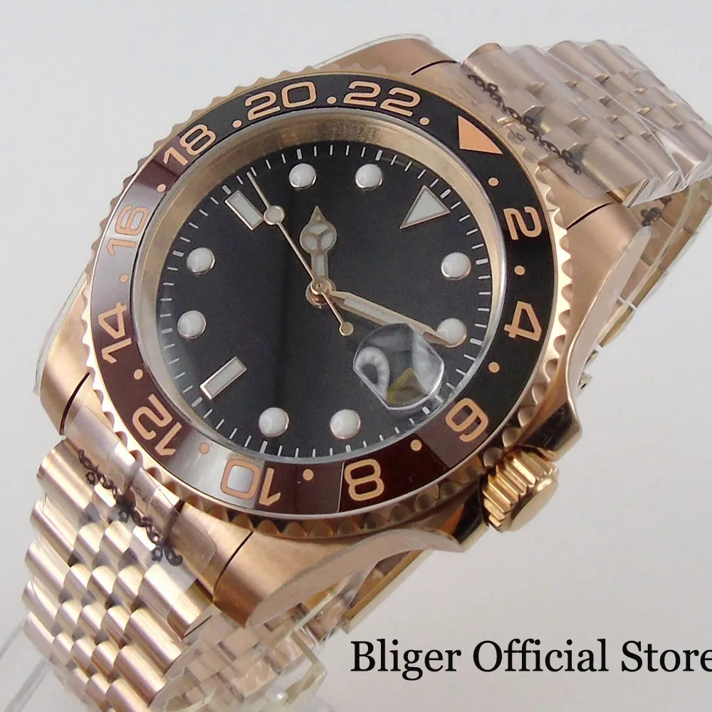 BLIGER PT5000 NH35A Rose Gold Automatic Men Watch Jubilee Steel Band Black Coffee GMT Insert Date Magnifier Screw Crown