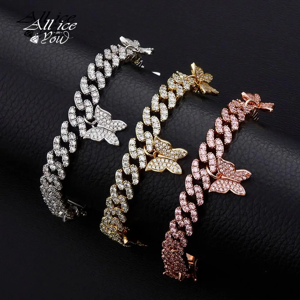 ALLICEONYOU Butterfly Bracelet Miami Cuban Iced Out Cubic Zirconia Hip Hop Chain Choker High Quality Jewelry Gift For Women