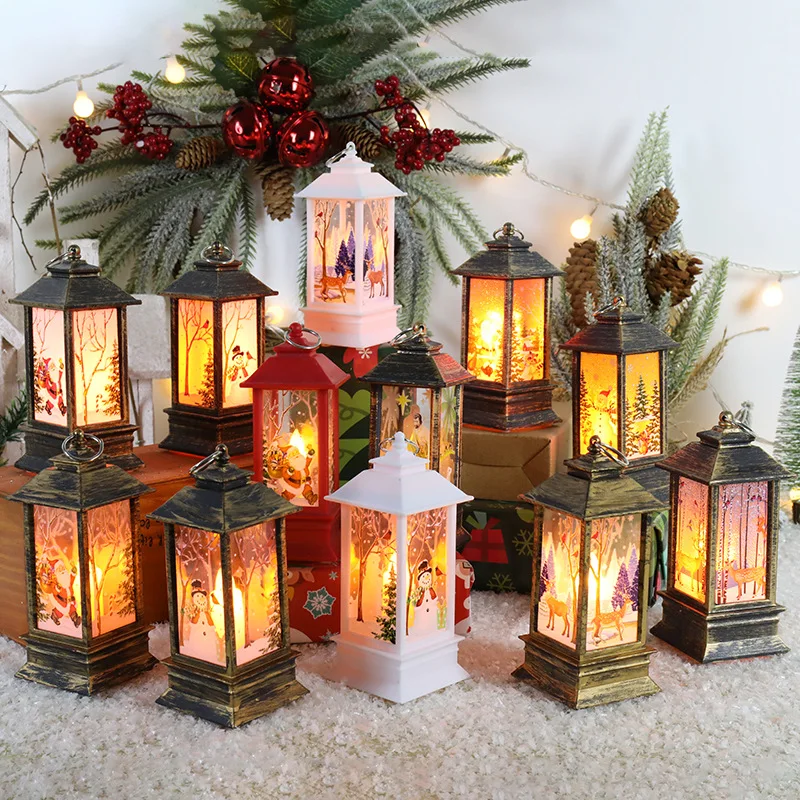 Christmas New Year Lantern Lights LED Hanging Light Vintage Cages Candlestick Hand Lamp Xmas Tree Ornament Elk Santa Claus Decor