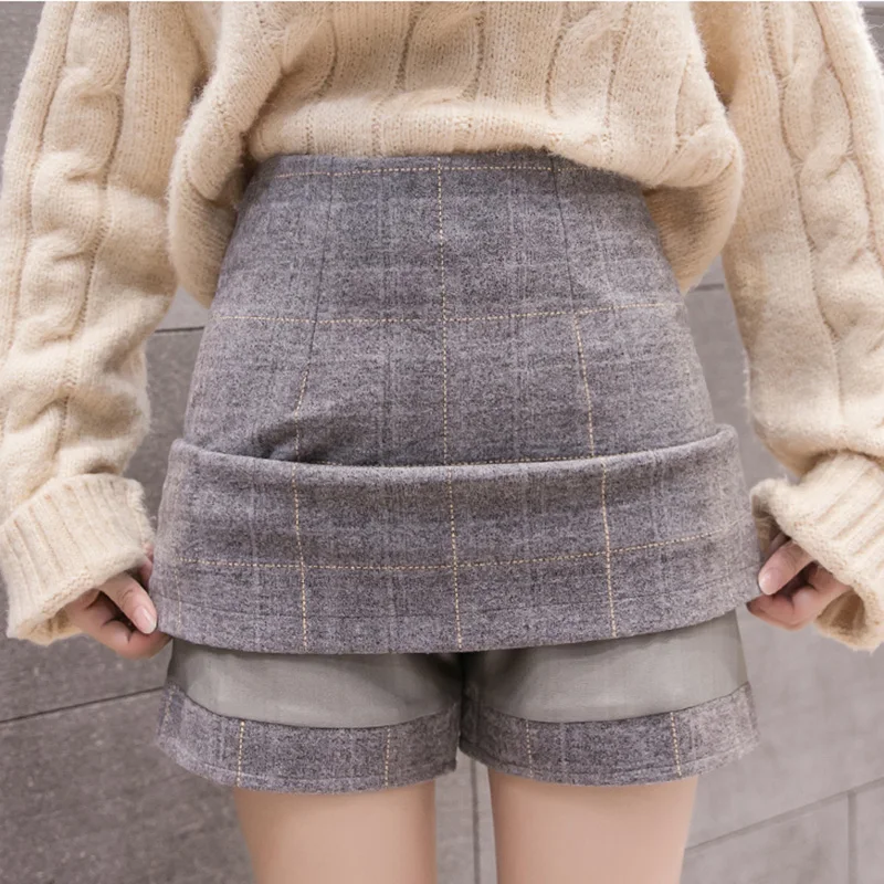 Women\'s Thick Woolen Skirt, High Waist Mini Plaid Skirts, Warm Wool Boots, Autumn, Winter