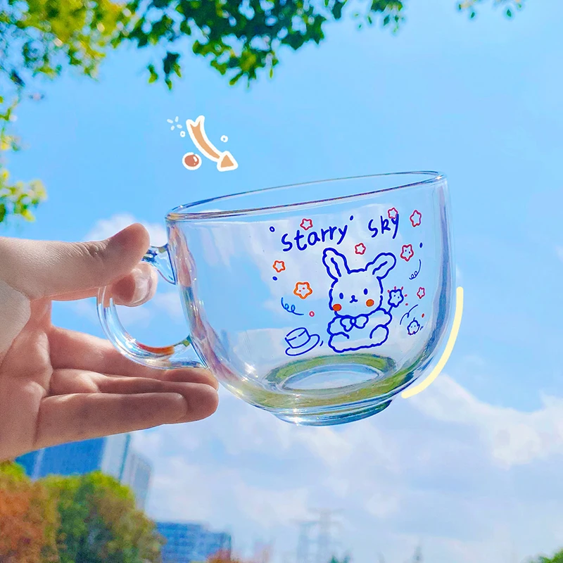 480Ml Korean Ins Cute Cartoon Love Bear and Rabbit Glass Student Breakfast Milk Oatmeal Cup Heart Large Capacity Glass Cup