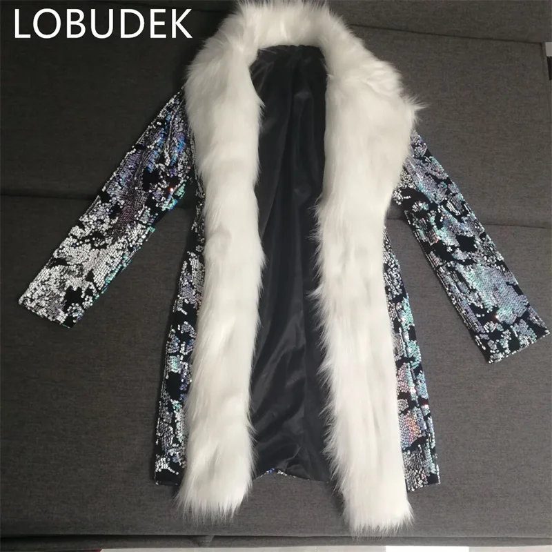 Fashion Tide Men' Blue Sequins Faux Fur Overcoat Nightclub Male Singer Stage Clothing Long Coat White Fur Outwear Punk Costumes