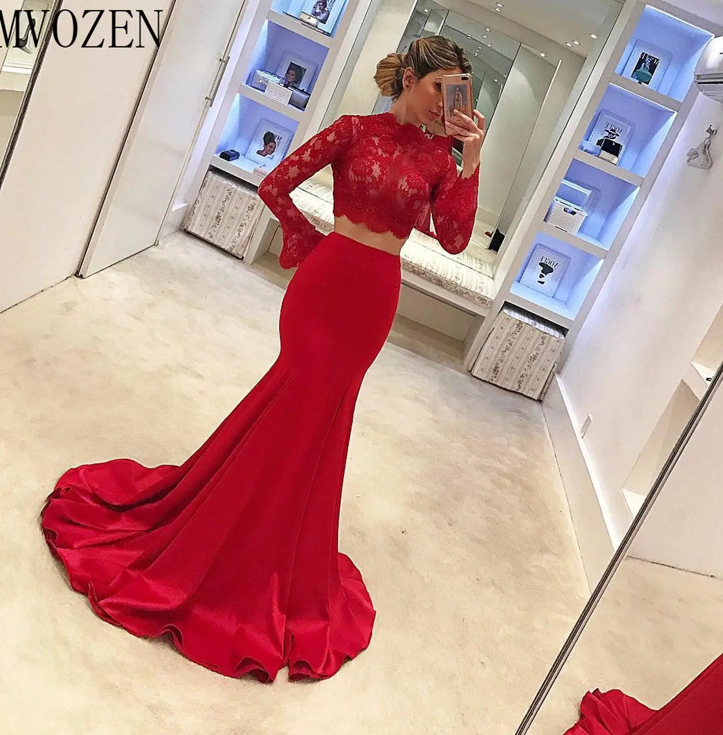 Mvozein Red Two Pieces Evening Dresses Lace Mermaid Evening Dress Full Sleeves Floor Length Formal Gowns Party Dresses Vestidos