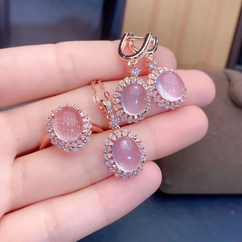 

KJJEAXCMY fine Jewelry 925 sterling silver inlaid natural Rose Quartz new girl luxury pendant ring earring set party gift