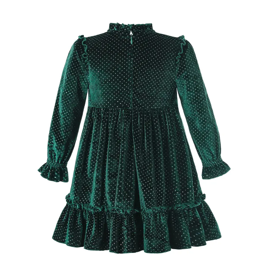 Pettigirl Luxury Winter Kids Girls Green Velvet Diamond Christmas Long Sleeve Dresses Designer Clothing for Little Girls