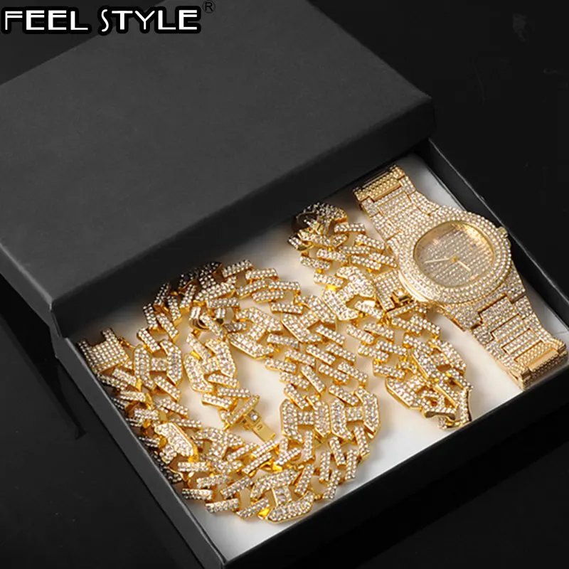 

Hip Hop Necklace +Watch+Bracelet AAA+ Iced Out Alloy Rhinestones Coffee Bean Prong Cuban Chain Bracelet Necklace For Men Jewelry