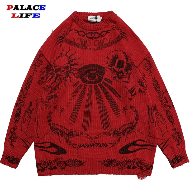 

Oversized Sweater Men Women Harajuku Skull Graffiti Retro Vintage Knitted Sweater Unisex Cotton Pullover 2021 Autumn And Winter