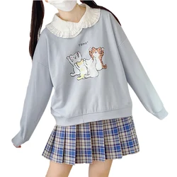 Autumn Kawaii Hoodie Teen Girls Funny Cat Cartoon Graphic Sweatshirt Women Casual Cute Printed Crewneck Long Sleeve Pullover