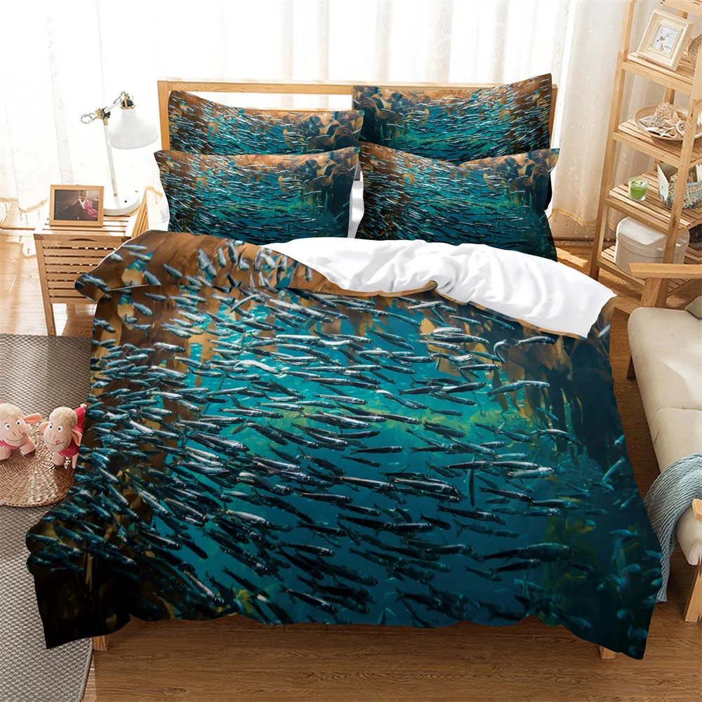 Many fish Bedding 3-piece Digital Printing Cartoon Plain Weave Craft For North America And Europe  Bedding Set Queen