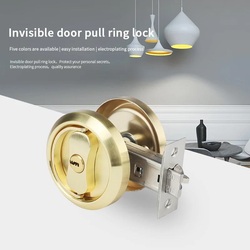 ZFOND Room Door Lock Handle Set Sliding Door Handle With Lock Luxury Anti-theft Safe Double Hooks Round Black Lock Pull Ring