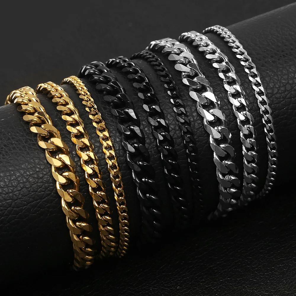 3/5/7/9/11mm Wide Curb Cuban Link Chain Bracelets for Men Women Solid Stainless Steel Black Gold Color Metal  Bracelet KBM03B