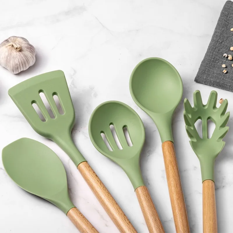 Green Cooking Kitchenware Tool Silicone Utensils With Wooden Multifunction Handle Non-Stick Spatula Ladle Egg Beaters Shovel