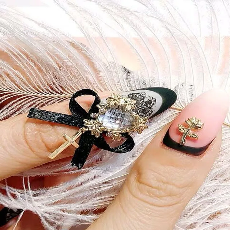

5Pcs Nail Art AB Heart Crystal Rhinestones Decoration Black Lace Alloy Cross Dangle Pendant For Japanese 3D Nail Accessories