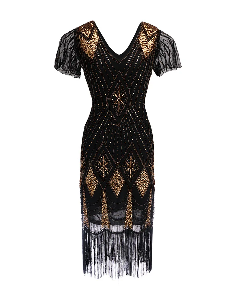 Embellished Beaded Sequin Dress Robe Vestidos Women 1920s Flapper Dress Vintage V Neck Butterfly Sleeve Long Great Gatsby Dress