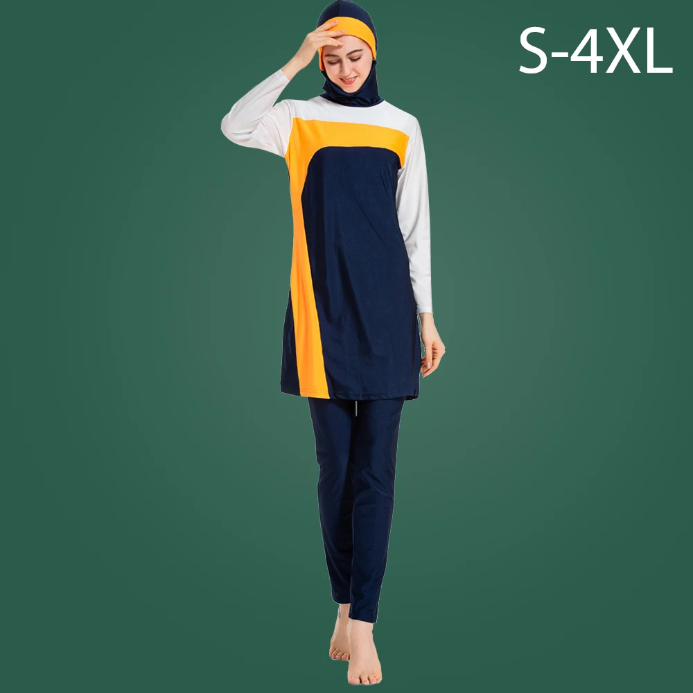 

Women's Swimsuit XXXL Big Size Blue Three-Piece Conservative Brukini Femme Long Sleeves Turban Hasem Hijab Modest Bathing Suit