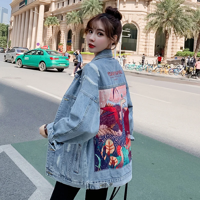 Năm 2022 Thời Trang Mới Khủng Long In Họa Tiết Dài Áo Khoác Denim Femme Áo Khoác Nữ Vintage DạO Phố Phong Cách Rời Áo Khoác Jean