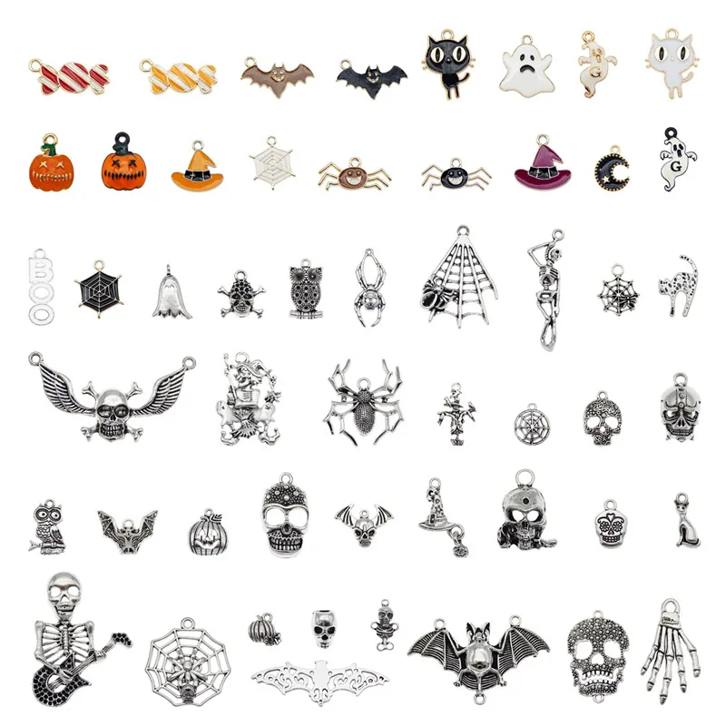 10Pcs/10pair Mix Halloween Hat Ghost Spider Owl Net Skull Cat Bat Necklace Party Jewelry Findings Handmade DIY Anklet Keychain