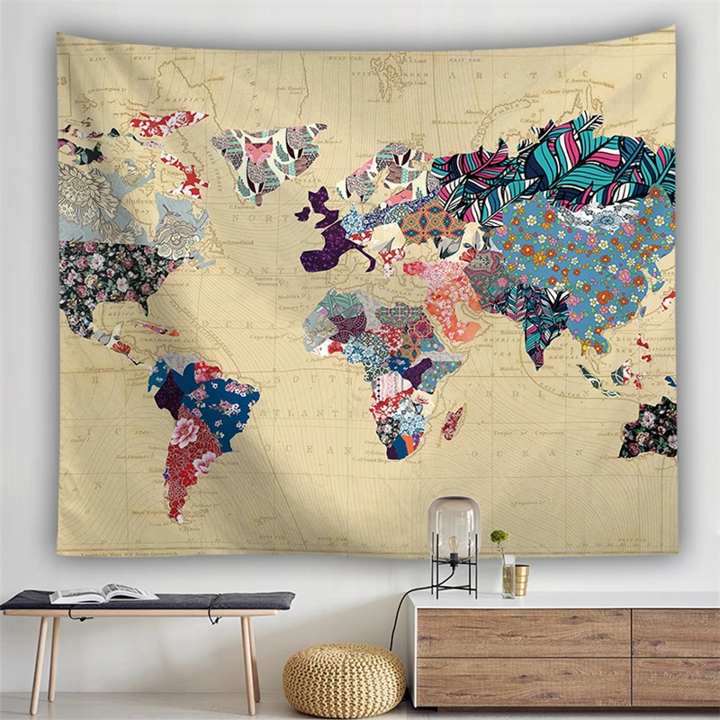 

Hippie Boho Map Tapestry Wall Hanging Psychedelic Tapestry World Map Abstract Retro Farmhouse Decor Wall Carpet Blanket Mattress