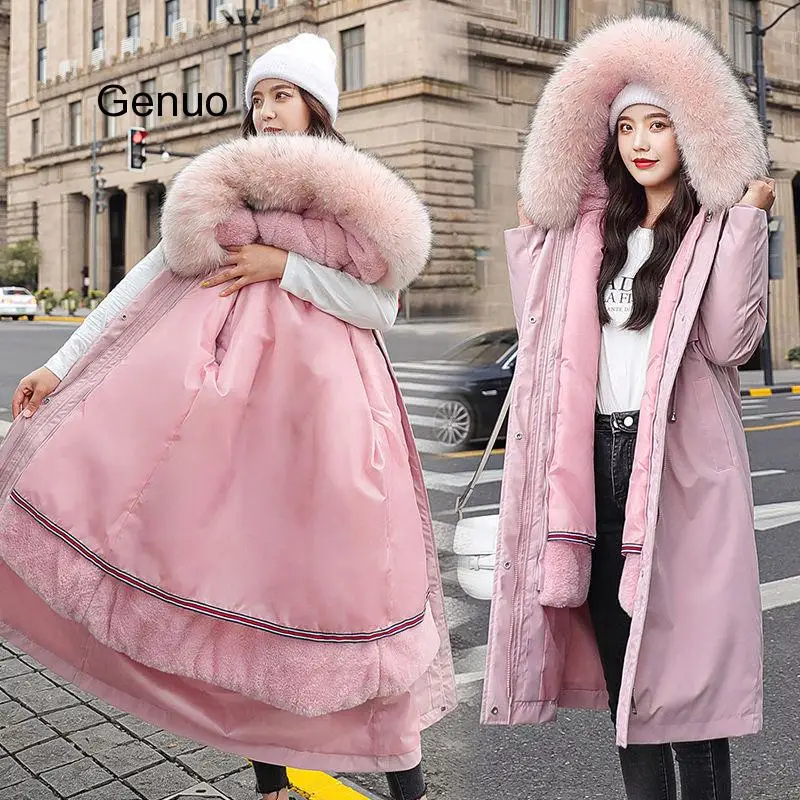 Winter Hooded Parkas Coat Women's Thick Big Faux Fur Collar Middle Long Coat Parka Coats Winter  Abrigo Femme 2020 New