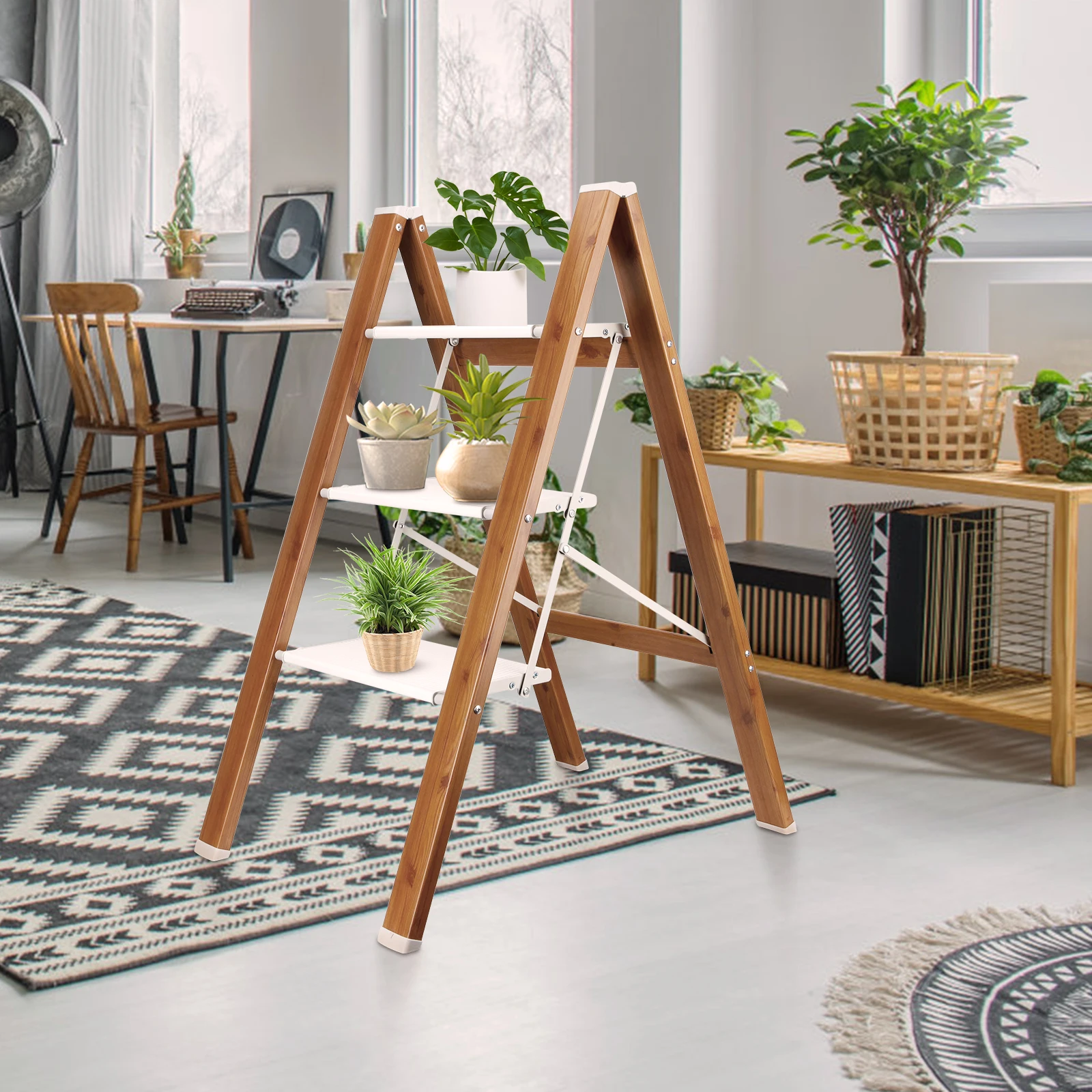 Household 3 Step Multifunctional Folding Ladder Herringbone Ladder Indoor Thick Woodgrain Shelf Rack Three Step Ladder Stool