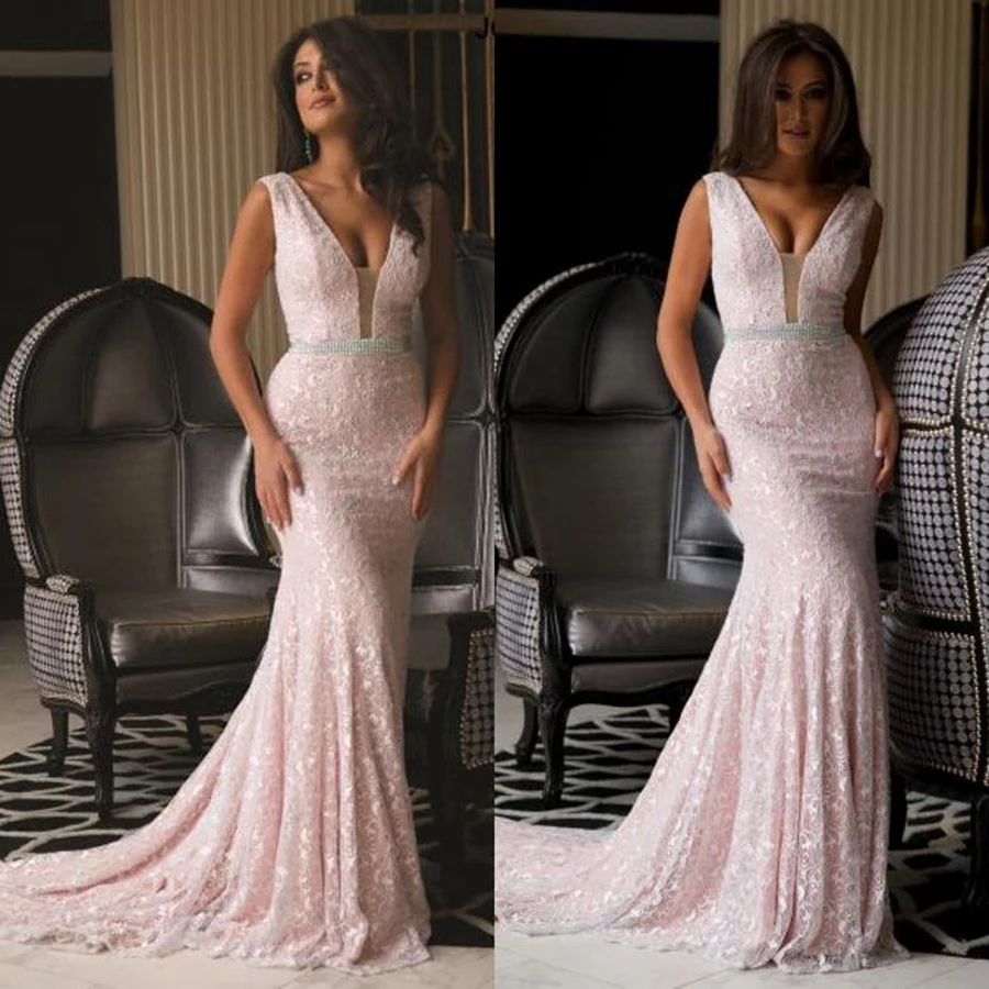 Vestido de novia largo de sirena con cuello en V profundo, ropa Formal de encaje rosa, tren de barrido de cuentas, vestido de novia para dama de honor, Sexy, 2018